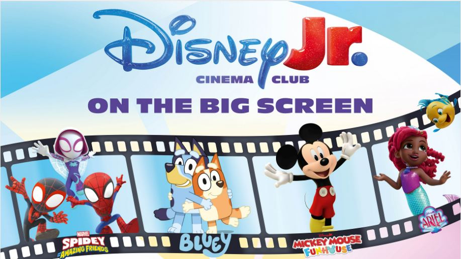 Disney characters on a film strip. Text reads Disney Jr Cinema Club on the big screen.